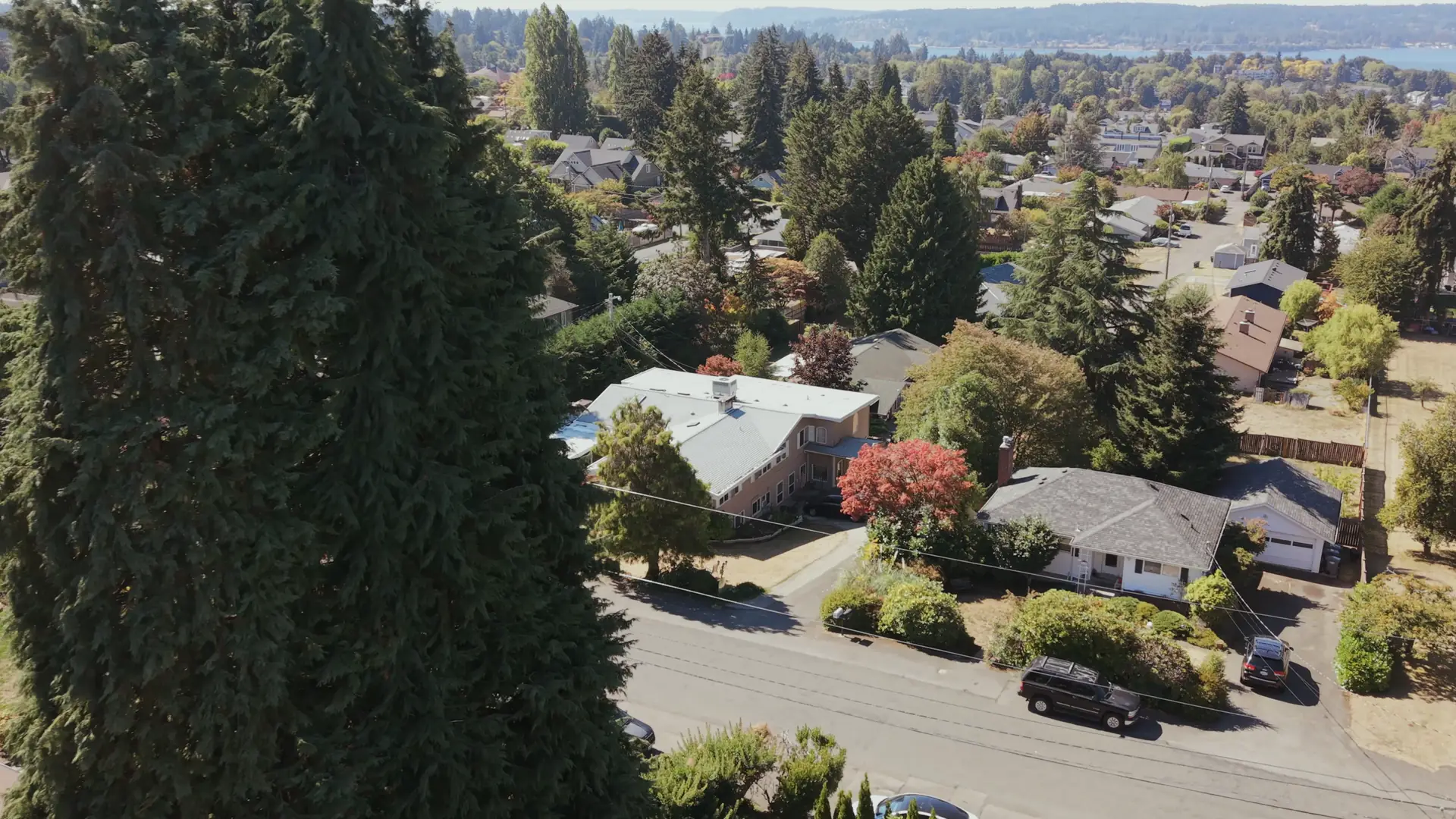Aerial view of A Care Of Joy adult family home on a quiet street in University Place, Washington